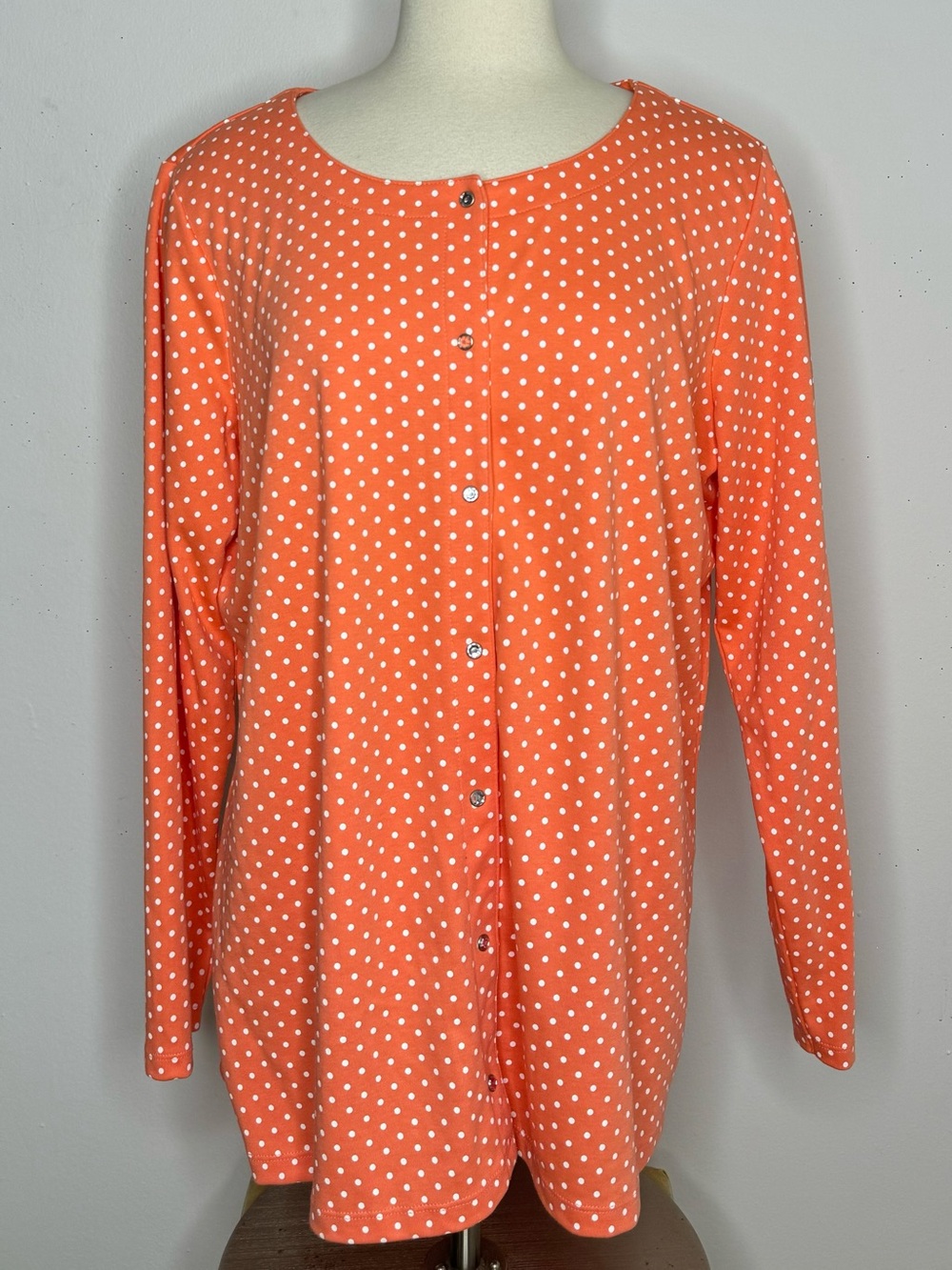 Quacker Factory Women’s XL Coral Orange White Polka Dot Cardigan Button Front